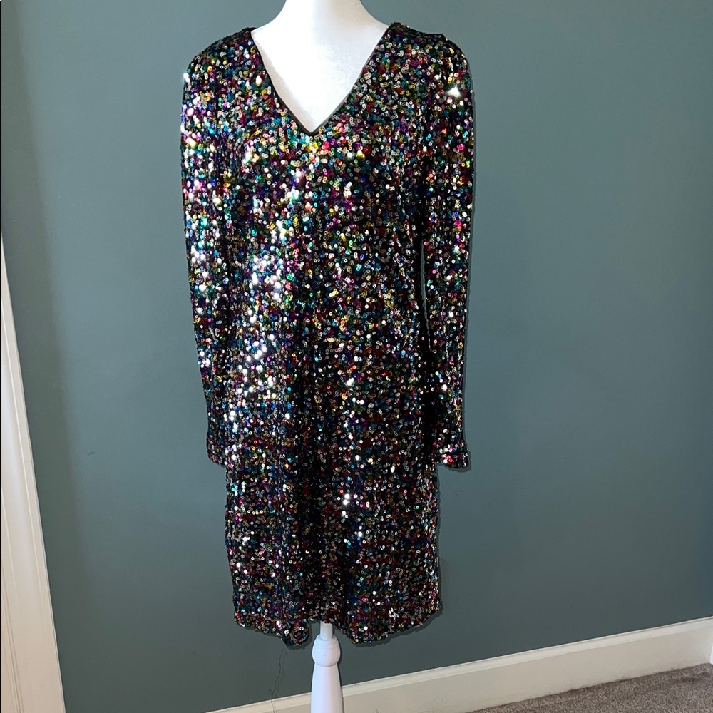 DKNY Dress Elegant Black with Multi Colored Sequins Sz 12